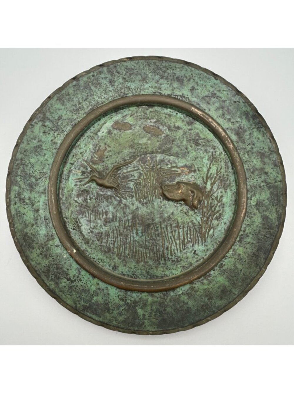 2 Vintage Italian Embossed Copper Wall Plates Hunting Scene Dog Duck Verdigris - Picture 11 of 13